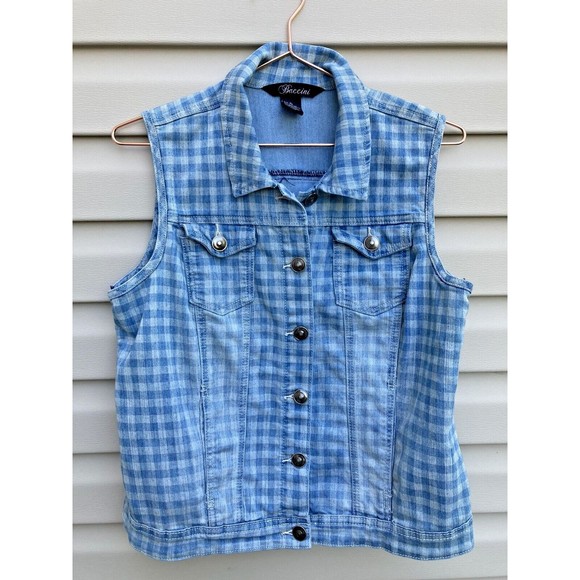 Baccini Denim Vest Womens Large Blue Checkered Button Front - Picture 1 of 8